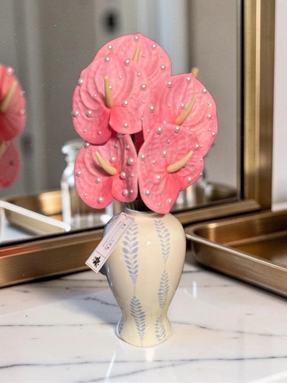 Bella Lux NWT Pink Anthurium Faux Floral Stem in Cream & Blue Ceramic Vase